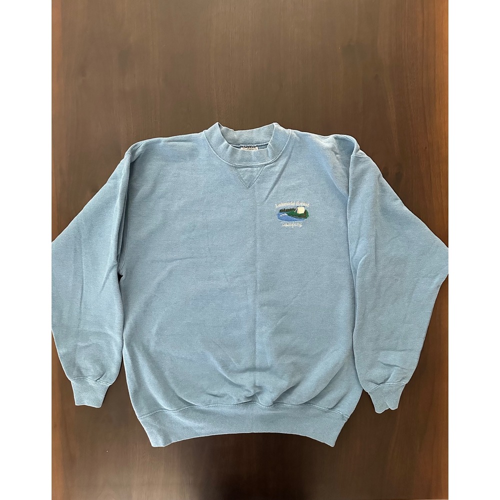 Vintage Oneita Power-Sweats Blue Lakeside Forest Camping Crewneck Sweatshirt L